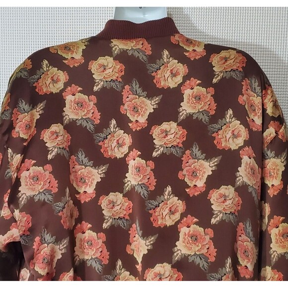 Saks Fifth Avenue Real Clothes Bomber Jacket Womens Large 100% Silk Brown Floral - Picture 6 of 11
